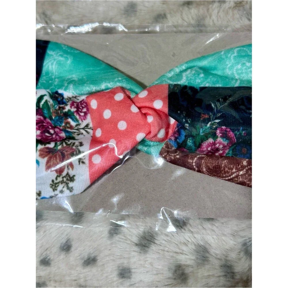 Headband Floral Patchwork Knot Twist Headband Coral Teal w/2 Pearls NWT (only 1)